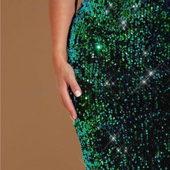 Luxe Velvet Sequin Side Slit Criss Cross Holiday Evening Wedding Dress Black - Picture 6 of 6